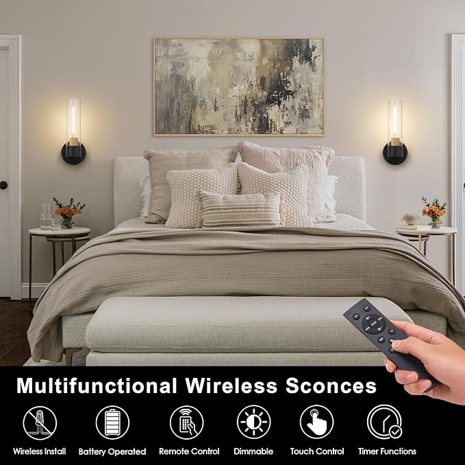 Battery Operated Wall Sconce Set of 2, Wireless Wall Lights with Remote Control, Rechargeable Dimmable Wall Lamps for Bedroom Bathroom Living Room Hallway Decor Stairwell, Black & Gold, 3000K