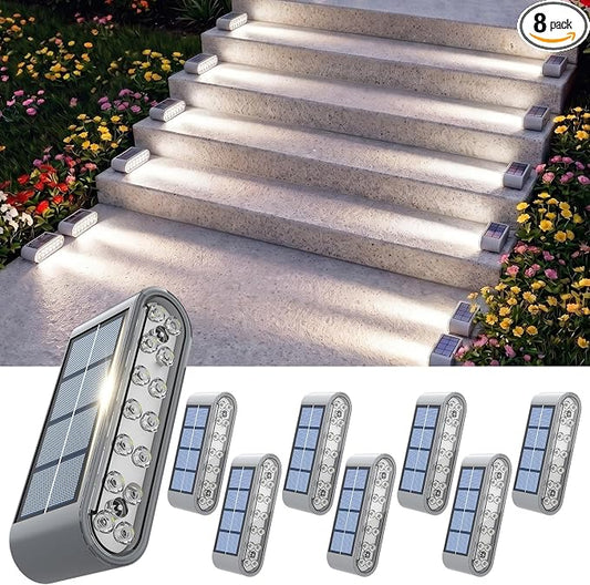 Solar Step Lights for Outside, 8-Pack Stair Light Outdoor Waterproof IP67, 14 LED Cool White Light Solar Powered Lighting for Steps, Stairs, Deck, Patio, Walkway, Front Porch Decor