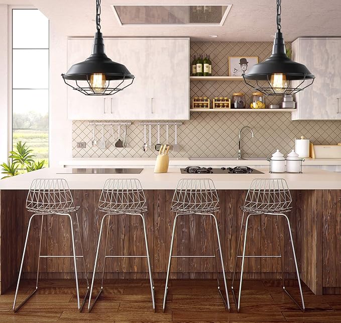 Black Farmhouse Pendant Light - 2 Pack Industrial Vintage Hanging Light Fixtures Metal Wire Cage Pendant Lighting with Adjustable Chain for Kitchen Barn Hallway Porch Dining Room