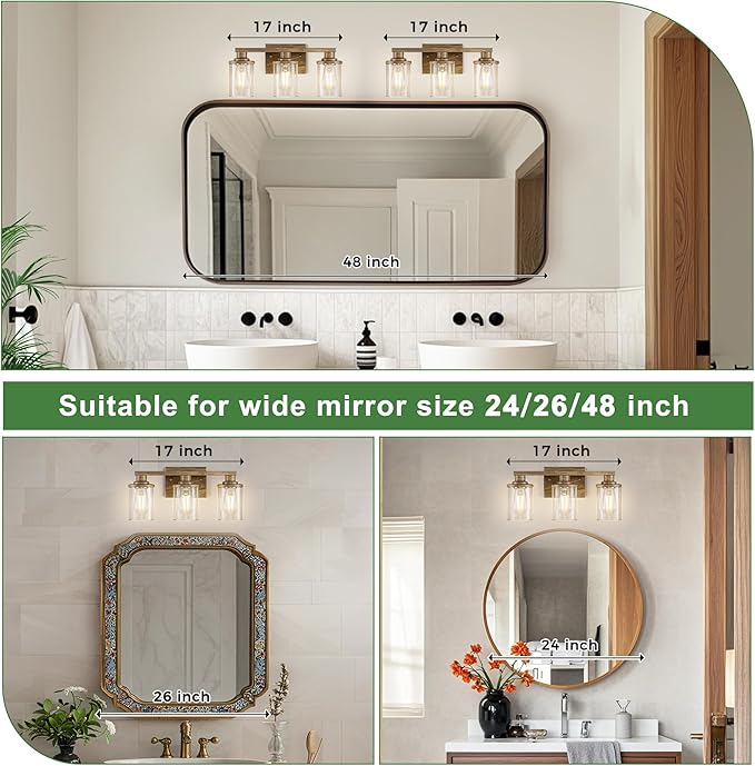 DORESshop 17 Inch Bathroom Light Fixtures, 3-Light Oak Bathroom Lighting Fixtures Over Mirror with Clear Glass Shade, Vanity Lights for Living Room Bedroom