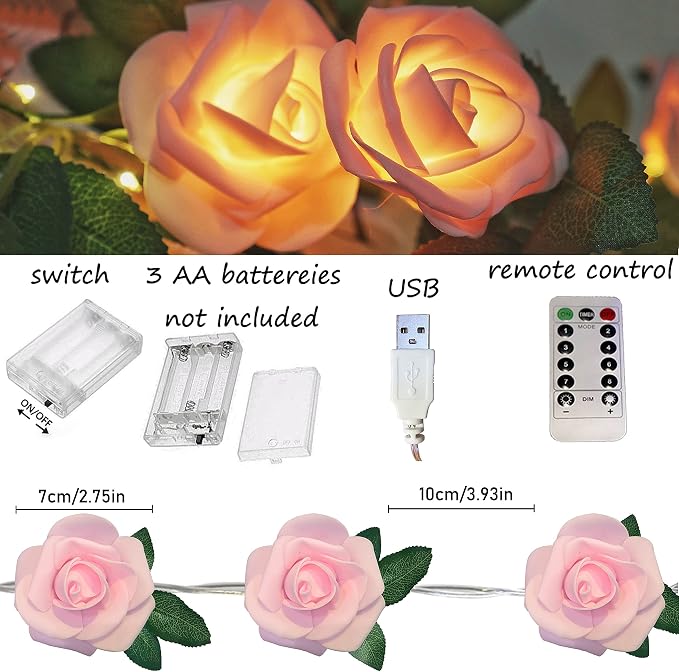 Rose Vine Lights with Remote, Battery or USB Operated Artificial Flower Garland, Hanging Fairy Lights for Bedroom Headboard, Valentine‘s Day, Wedding, Romantic Party Décor (Pink, 3.3)