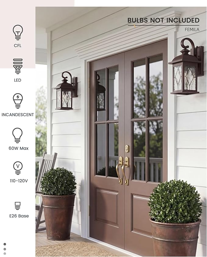 FEMILA Dusk to Dawn Outdoor Wall Light Fixtures, 15" Exterior Waterproof Wall Sconce, Front Porch Lights, ORB Finish with Hammered Glass, E26, UL Listed, 4FD54B-PC ORB-SD