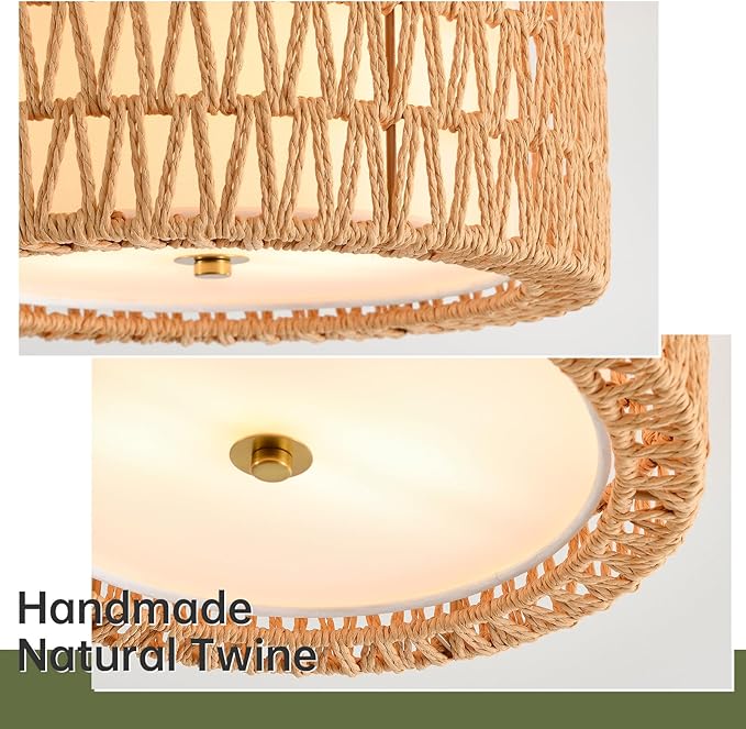Boho Ceiling Light Fixtures 12.6" Flush Mount Ceiling Light, 3-Light Rattan Light Fixture for Bedroom Close to Ceiling Light Modern Ceiling Light for Foyer Hallway Entryway Kids Room