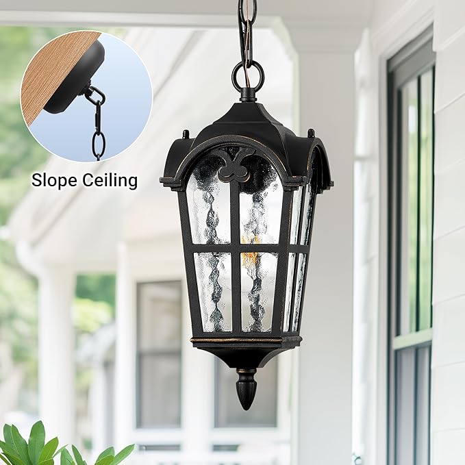 VIANIS Black Outdoor Pendant Light Lantern with Gold Trim, Outdoor Hanging Lights with Ripple Glass, Aluminum Outside Chandelier for Porch Waterproof and Anti-rust, Ceiling Fixtures for House Entryway
