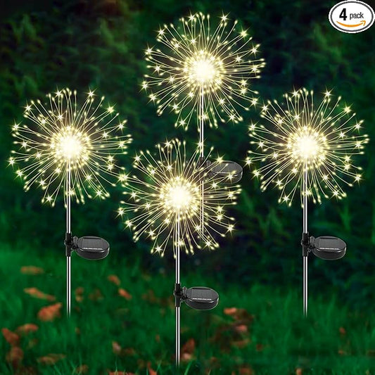 Solar Garden Lights Outdoor, 4 Pack 120 LED Twinkling Firework Lights Decorative with 2 Modes, Outdoor Waterproof Solar Starburst Light for Outside Yard Pathway Garden Decor, Warm White