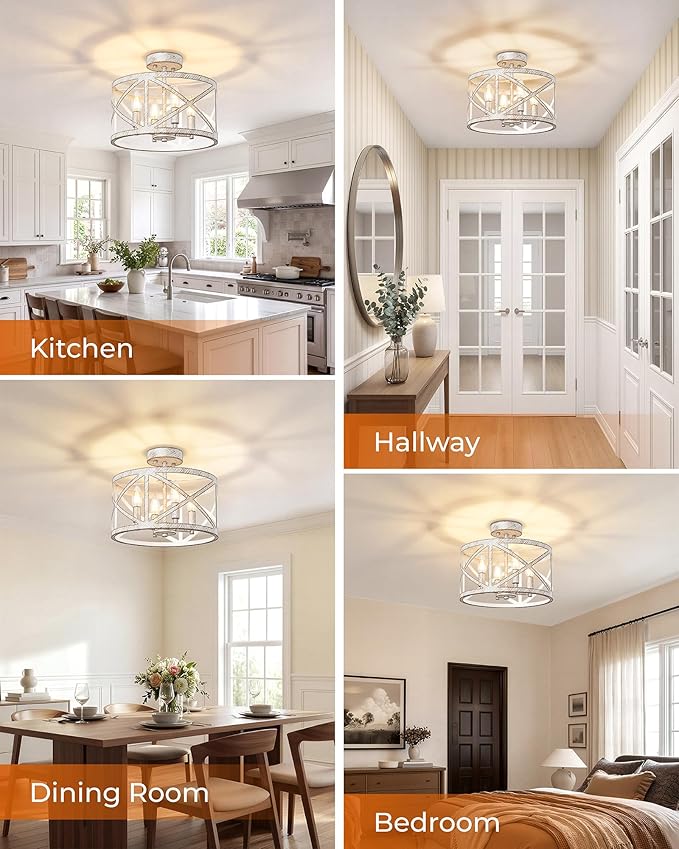Semi Flush Mount Ceiling Light Fixture, Farmhouse Modern 4-Light Chandelier with X-Shape Cage, Industrial Rustic Ceiling Lamp for Kitchen, Entryway, Dining Room, Bedroom, Hallway, Laundry Room, White