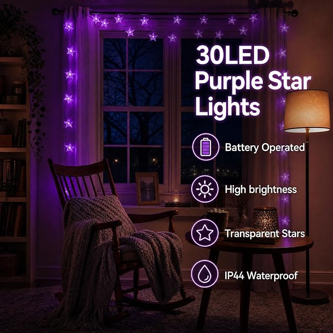 ITICdecor Star Lights 15 FT 30 LED Battery Operated Indoor & Outdoor Twinkle Fairy String Lights for Xmas Tree (Purple)
