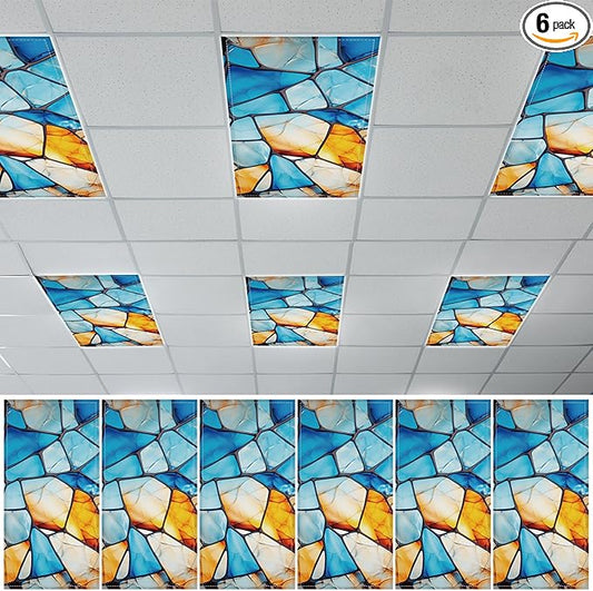 QOUBAI 6 Pcs Fluorescent Light Covers,4 x 2 Ft Magnetic Light Filters Colorful Art Fluorescent Lights Shade Easy Install for Classroom Office Library Hospital Home Ceiling Blue Glass