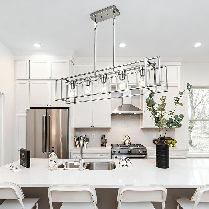 Kitchen Island Lighting Brushed Nickel Industrial 5-Light Chandeliers Farmhouse Dining Room Rectangular Pendant Light Fixtures with Clear Glass Shades