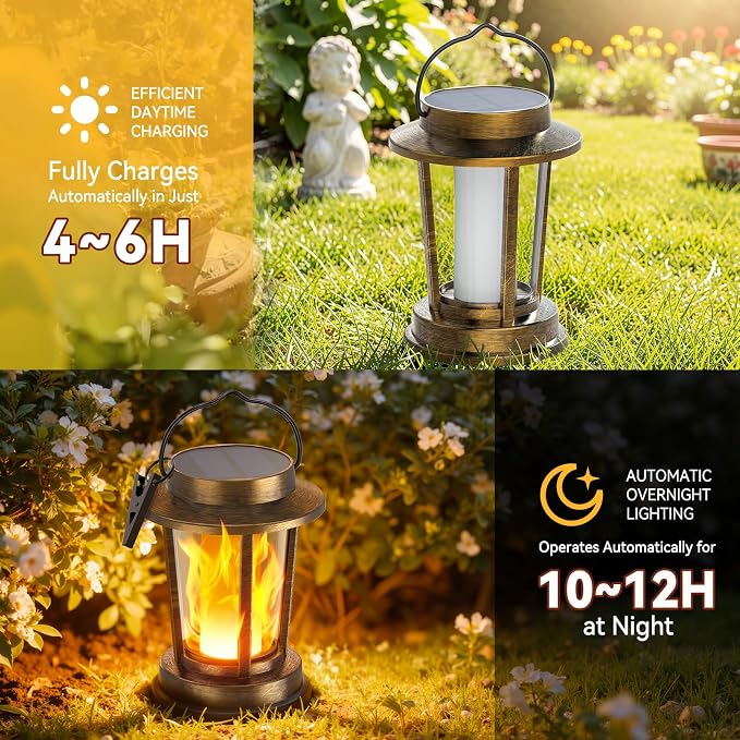 Solar Lanterns Outdoor Waterproof, Upgraded Flickering Flame Solar Lights Outdoor, Solar Powered Lanterns Decorative, Hanging Solar Lantern for Garden Yard Patio Path Porch Tree Decor 2 Pack(Copper)