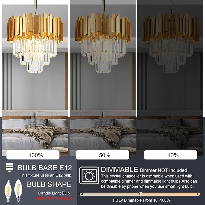 15.75" Gold Crystal Pendant Light Fixtures,5-Light Luxury Crystal Pendant Light Perfect for Dining Room, Bedroom, Kitchen, Living Room 3-Tier