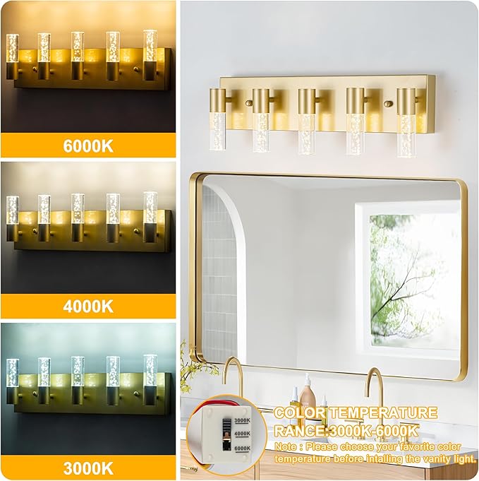 Bathroom Vanity Light Fixtures Over Mirror, Brushed Golden Finish Coating, 5 Light Wall Sconces for Bathroom