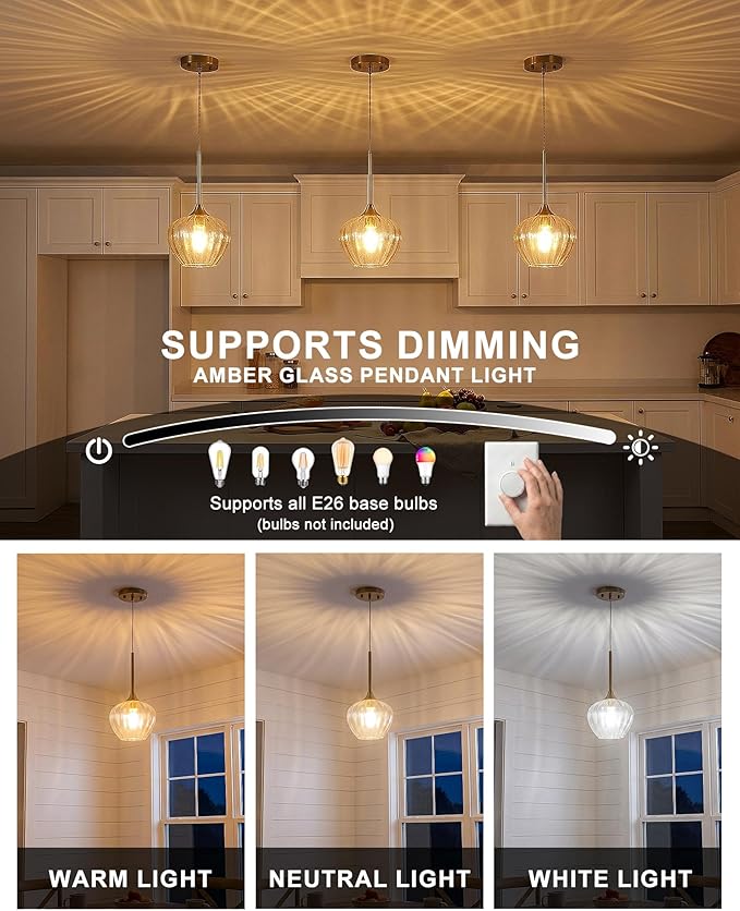 Glass Pendant Lights for Kitchen Island, 7" Modern Gold Pendant Light Fixtures Small Adjustable Hanging Light for Kitchen, Dining Room, Sink, Bathroom