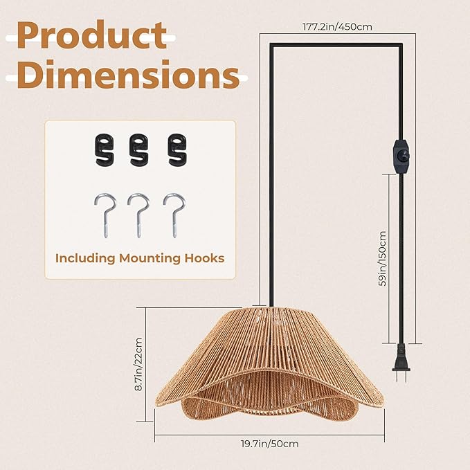 LumStory Rattan Plug in Pendant Light for Ceiling Farmhouse Boho Woven Hanging Lights with Plug in Cord, Rustic Hanging Lamp with Dimmable Switch, Wicker Chandelier for Dining Room, Bedroom, 3-Light