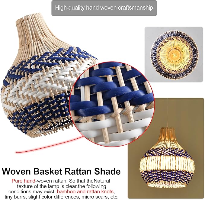 3-Pack Rattan Pendant Light Fixture 10.24" Blue White Hand-Woven Basket Fax Rattan Chandelier Boho Mini Wicker Hanging Lamp for Dining Living Bedroom Kitchen Farmhouse