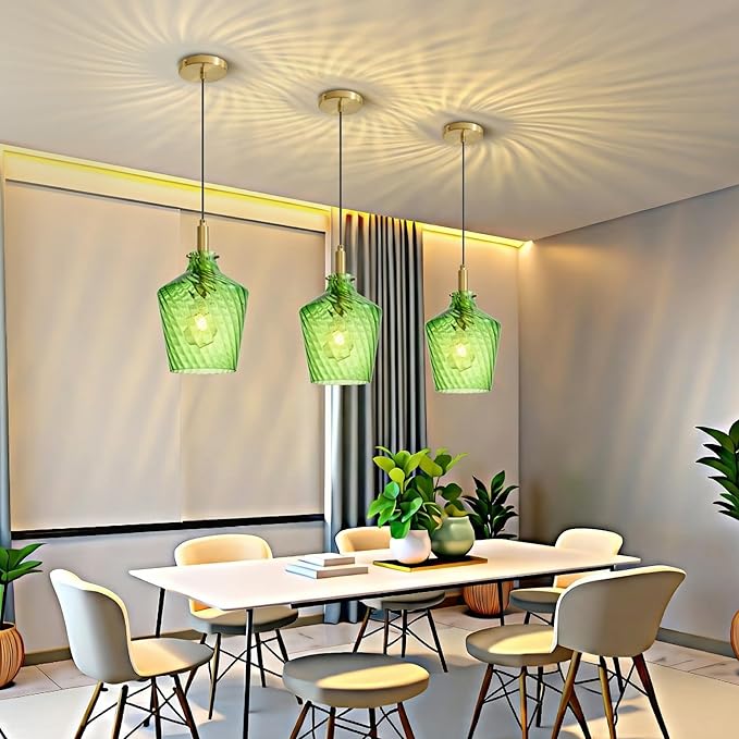 Modern Stripes Green Glass Pendant Lighting for Kitchen Island 1 Pack, Farmhouse Gold Pendant Light Fixtures, Height Adjustable Ceiling Pendant Light, 8 Inch