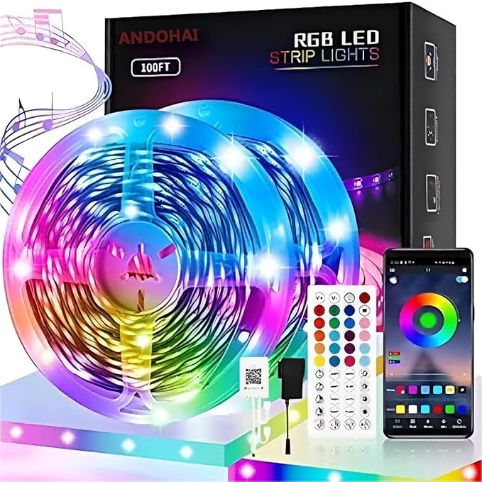 100ft Led Lights for Bedroom, APP Control Music Sync Color Changing,Ultra Long RGB 5050 Led Strip Lights with 44Keys IR Remote for Christmas Room Home Decoration.
