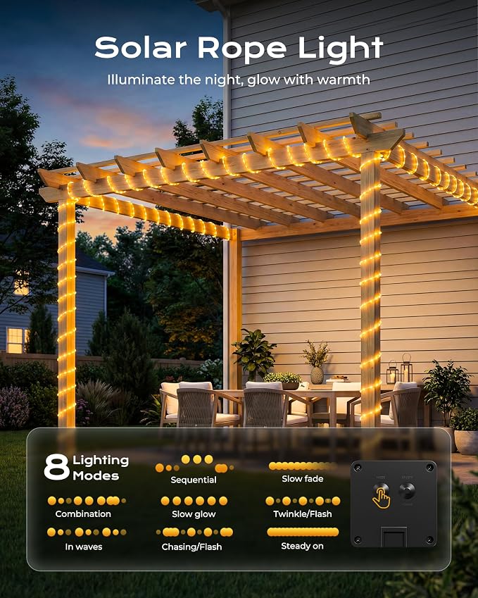 Brightown Solar Rope Lights, 1 Pack 39FT 100 LED Warm White Solar String Lights Outdoor, IP65 Waterproof Solar Powered Fairy Lights with 8 Lighting Modes for Yard Garden Patio Tree Decoration