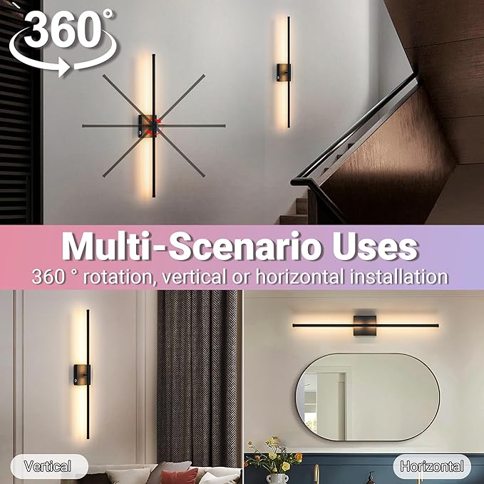 31.5 inch Battery Operated Wall Sconce Set Of 2, 10000mAh Rechargeable Wall Light With Remote Control, RGB Dimmable Wireless Sconces Wall Decor For Bedroom Living room Hallway, 360°Rotate, Black