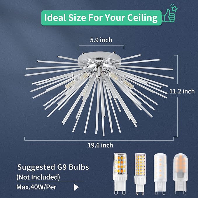 CM MZY Sputnik Flush Mount Ceiling Light Fixture, 6-Light Chrome Firework Ceiling Lights, 19.6" Modern Chandeliers Close to Ceiling Lamp for Bedroom Kitchen Hallway Entryway, G9 Socket