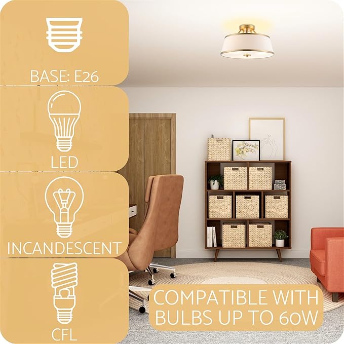 Kira Home Zoey 18" Modern 3-Light Semi-Flush Mount Ceiling Light Fixture + White Fabric Shade, Warm Brass Finish, Pack of 2