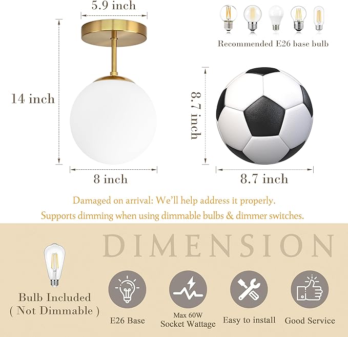Gold Globe Semi Flush Mount Ceiling Light,Mid Century Modern Light Fixture Ceiling,Globe Ceiling Light for Hallway Living Room Kitchen Bedroom Storage Schoolhouse Laundry(Bulb Incl.)