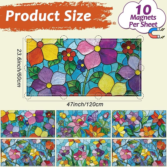 Wiooffen 6 Pcs Fluorescent Light Covers with 60 Magnets Decorative for Classroom Ceiling Light 4 x 2 Feet Magnetic Light Covers Filter Easy Install for Office Hospitals & Home (Stained Glass Floral)