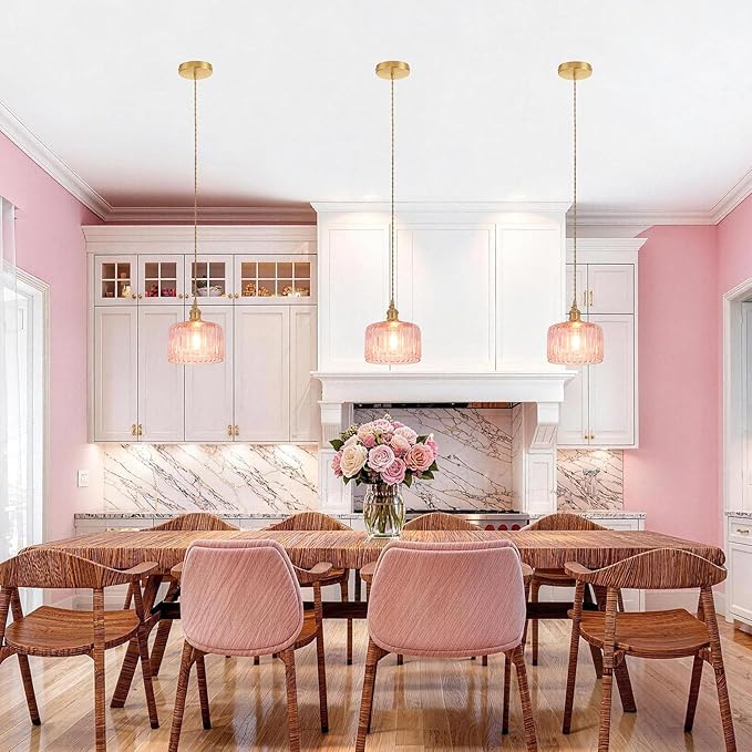 Shenmoyl Pendant Light with Pink Striped Glass Lmapshade, Brass Vintage Pendant Light Adjustable Hanging Light for Kitchen Island Dining Room Hallway