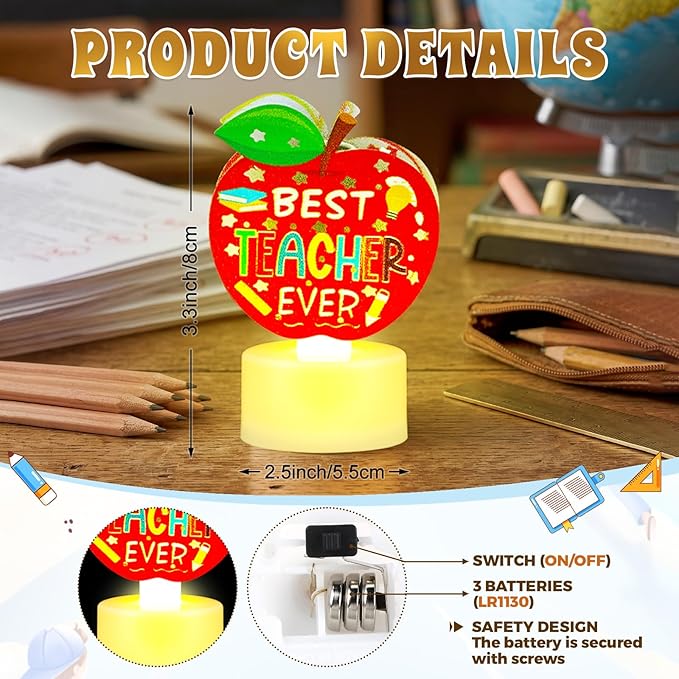 Handepo 15 Pcs Teachers Appreciation Tea Lights Gift Best Teacher Ever Flameless Candle Apple Shaped LED Battery Operated Office Table Decor for Thank You Teachers Women Men Tutor Back to School