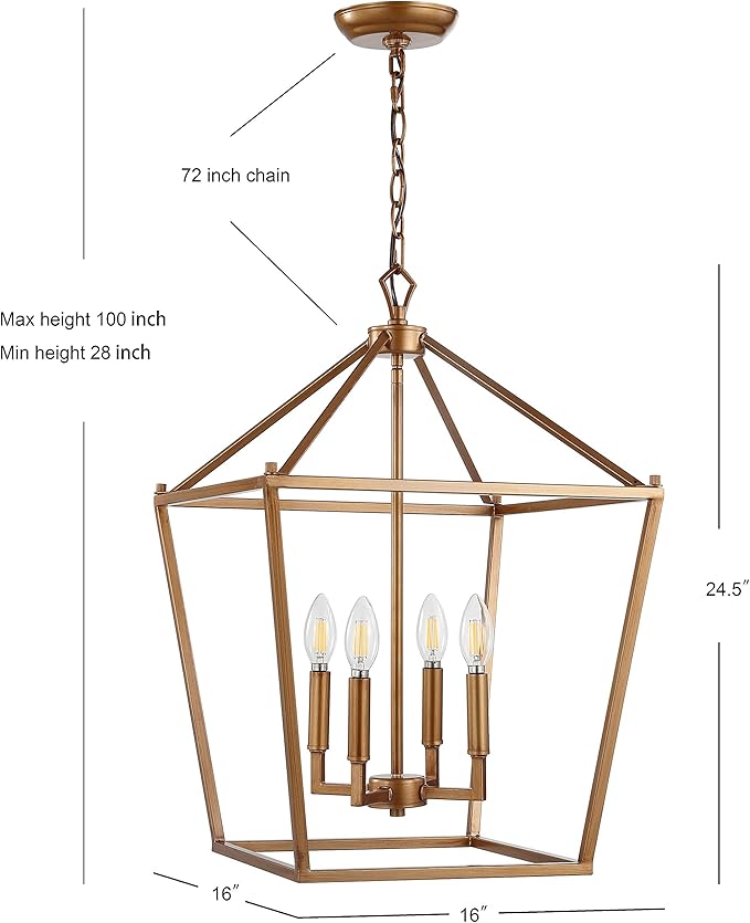 JONATHAN Y 16" Antique Gold Lantern Pendant Light, 4-Light Pagoda Style Metal Cage Farmhouse Hanging Ceiling Fixture for Kitchen Island, LED Bulb Included (JYL7437B)