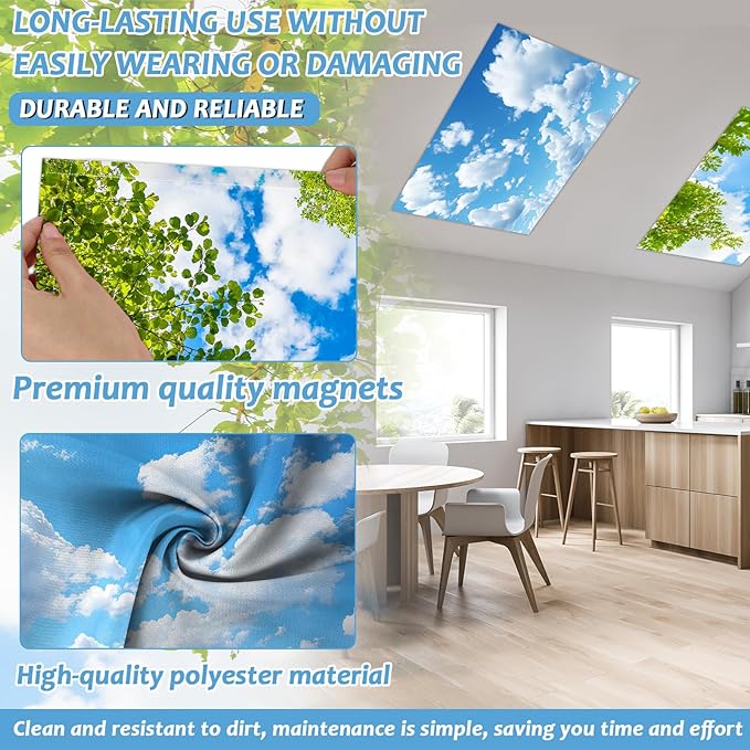 8 Pcs Fluorescent Light Covers with 80 Magnets Decorative for Classroom Ceiling Light 4 x 2 Ft Magnetic Lights Covers Filter Easy Install for Office Hospitals & Home Drop Ceiling Supplies (Trees Sky )