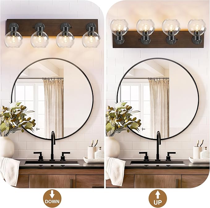 Farmhouse Bathroom Vanity Light Fixtures, Bathroom Light Fixtures Over Mirror,4-Light Rustic Black Wood Wall Sconces, Vintage Vanity Light for Bathroom with Clear Glass Shade (Black, 4-Light)