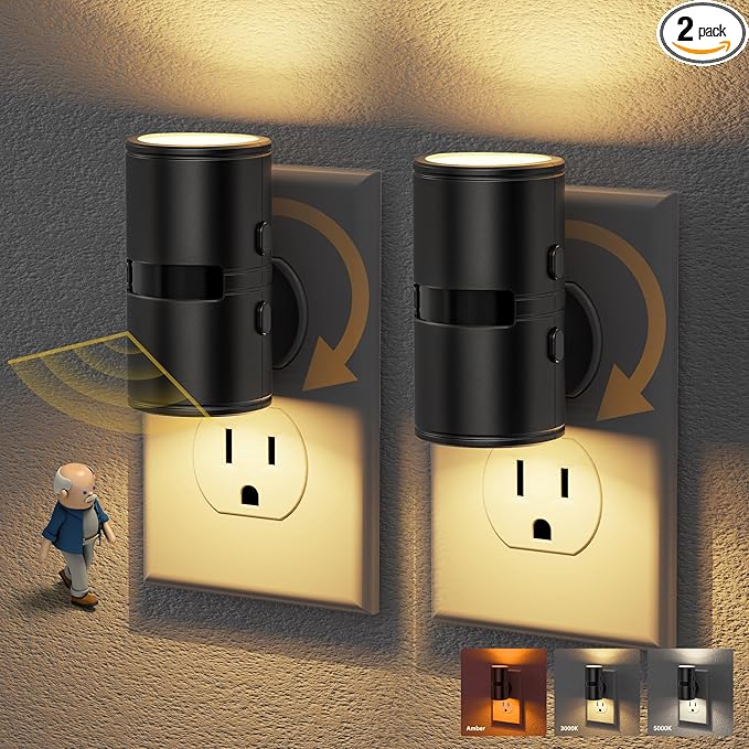 JandCase Motion Night Light, Rotating Night Lights Plug into Wall, 3 Colors 3000K-5000K-Amber, Dusk to Dawn & Motion Sensor, 3 Level Brightness Nightlight for Bathroom Bedroom Hallway [2 Pack]