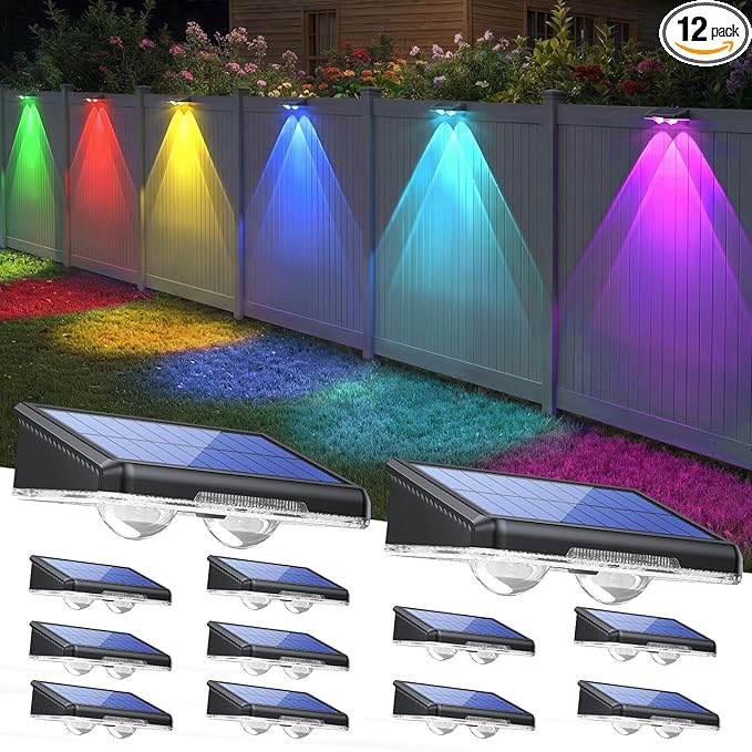 TECKNET Solar Fence Lights Outdoor 12 Pack, Warm White & 6 Colors & RGB, IP66 Waterproof LED Deck Light, Dusk to Dawn Fence Lights Solar for Wall, Railing, Step, Patio, Pool, Backyard, Outside