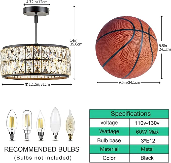 3-Light Crystal Ceiling Light, Modern Semi Flush Mount Ceiling Light, Black Crystal Chandelier for Kitchen Bedroom Bathroom Entryway Hallway