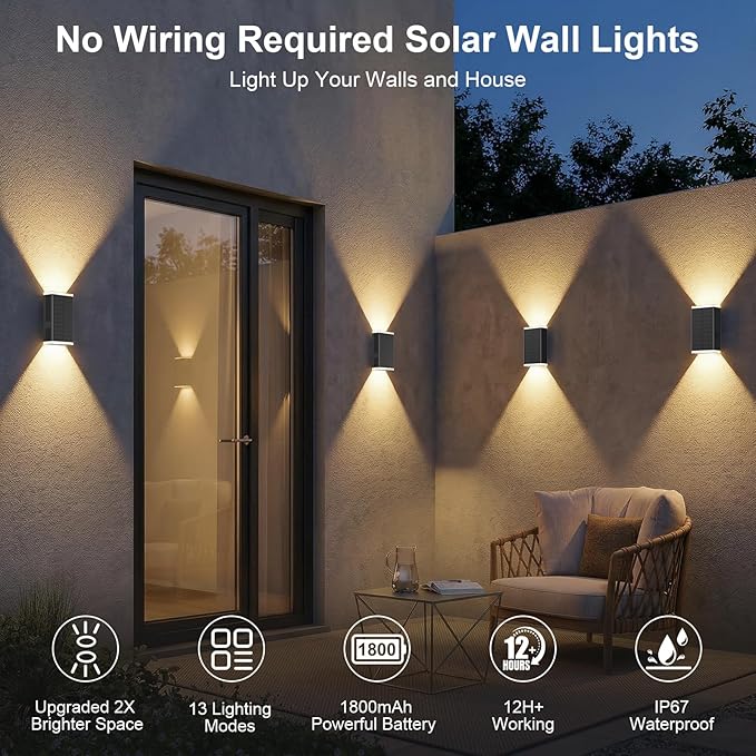 Solar Wall Light Outdoor,3000/4500/6000K/RGB 13 Modes Dusk to Dawn Wall Lighting Solar Sconce Lights IP67 Waterproof Up and Down Solar Lights Outdoor for House, Yard ,Garage, Porch,Fence,Patio(4PCS)