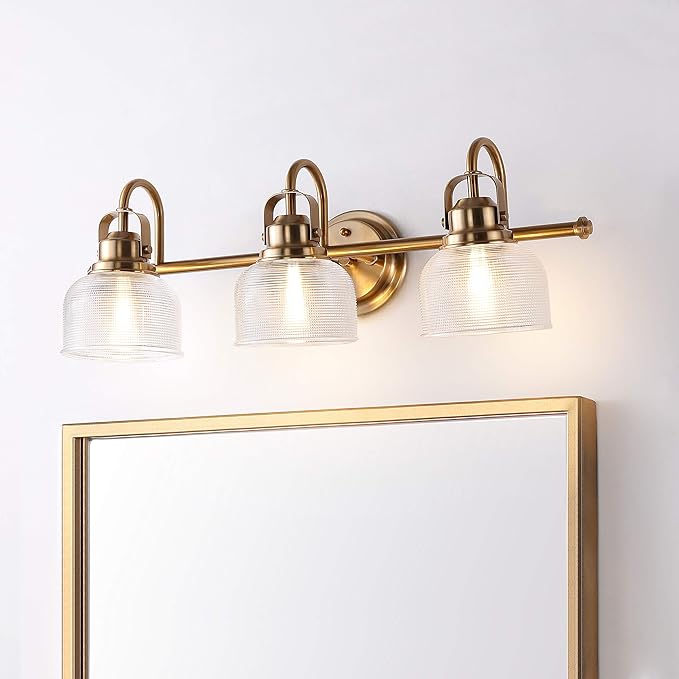JONATHAN Y 25.25" Brass Gold Modern Bathroom Vanity Light, 3-Light LED Wall Sconce, Clear Glass Bell Shade for Mirror Hallway Kitchen, ETL Listed, LED Bulb Included (JYL7409B)