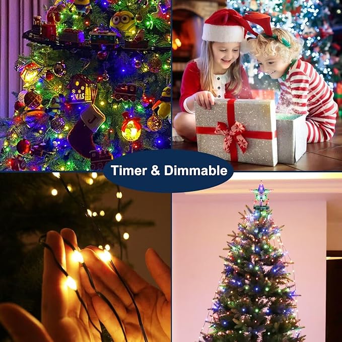 410LED Christmas Tree Lights with Star Topper, Christmas String Lights with Ring for Tree, 6.6FT x 16 Lines Fairy Twinkle Lights 8 Modes Timer Remote for Indoor Outdoor Xmas Tree Decor, Multicolor