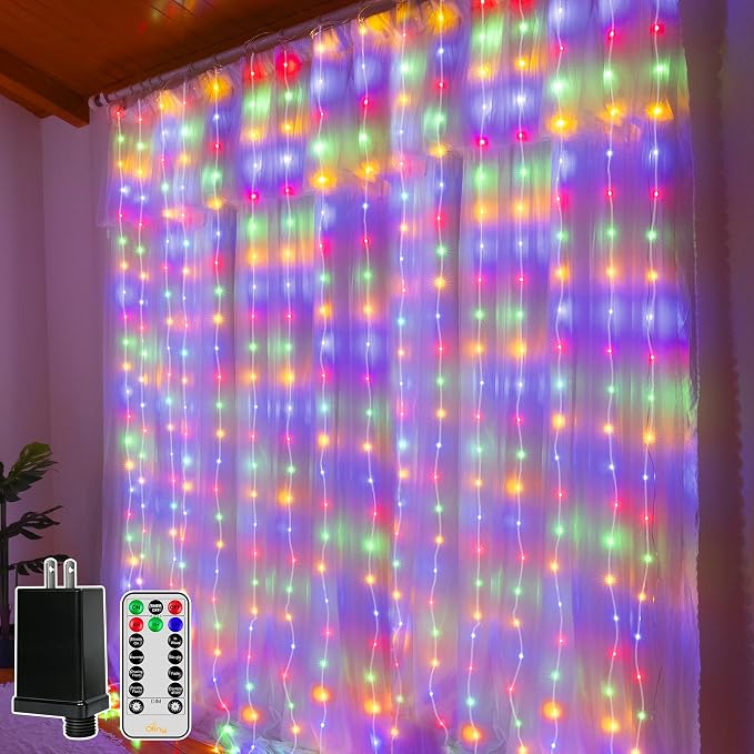 Ollny Curtain Lights 300 LED 9.8FT x 9.8FT, Connectable IP67 Waterproof Outdoor Christmas Curtain Lights with Remote, Plug-in Untangle Fairy Lights with 8 Modes&Timers for House Decor(Multicolored)