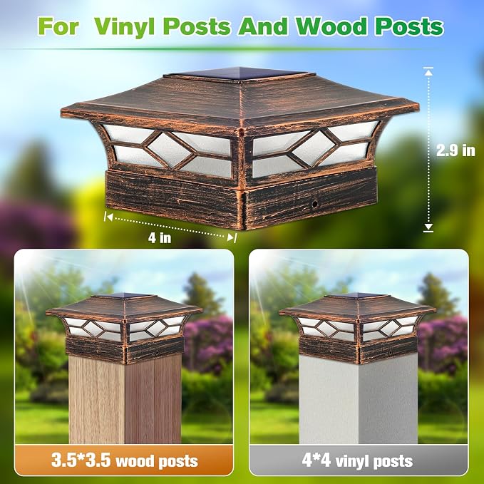 Solar Post Cap Lights Outdoor 8pack, Waterproof Solar Powered Deck Fence Post Lights for 4x4 Wood/Vinyl Posts, Solar Outdoor LED Light with Cool/Warm Lighting (Brushed Copper, 8pack)