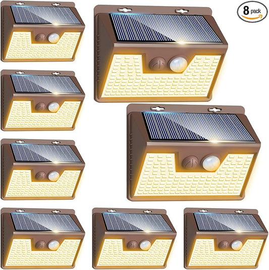 Peasur Solar Lights Outdoor Motion Sensor Waterproof, 8 Pack 140LED Brown Solar Powered Fence Light, 3 Modes Security Wall Lights for Garden Yard Outside(Warm White)