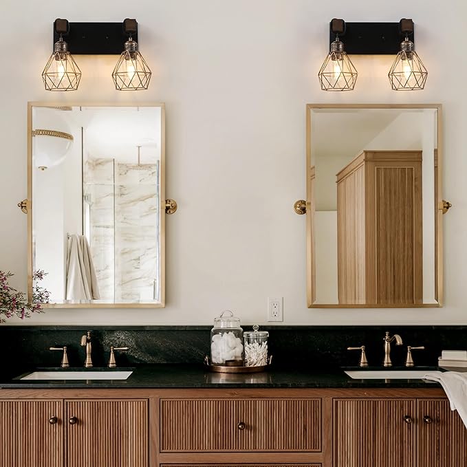 Farmhouse Vanity Light for Bathroom, 2-Light Black Gold Wood Bathroom Vanity Light Fixtures Over Mirror, Rustic Sconces Wall Lighting with Metal Lampshade for Living Room, Bedroom, Hallway
