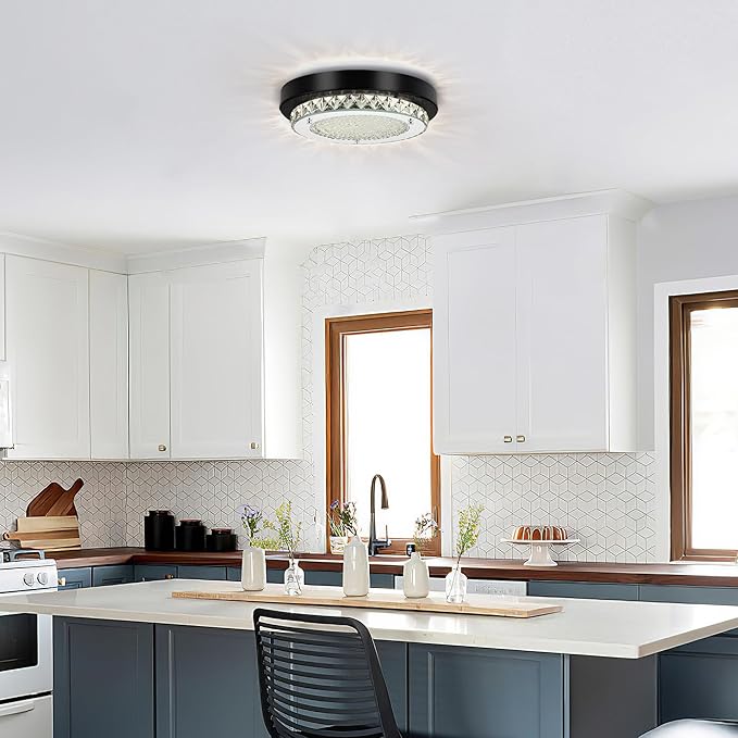 Crystal Flush Mount Ceiling Light Small LED Ceiling Light 10 Inch Round Hallway Lighting Black Modern Bathroom Light Fixtures for Entryway Laundry Room Foyer Mini Closet Ceiling Light