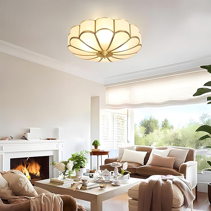 MIXL- Mid Century Brass Flush Mount Ceiling Light,LED Antique Brass Light Fixture, Modern Frosted Glass Ceiling Lamps for Living Room, Close to Ceiling Light Decorative for Bedroom(23.62" W)
