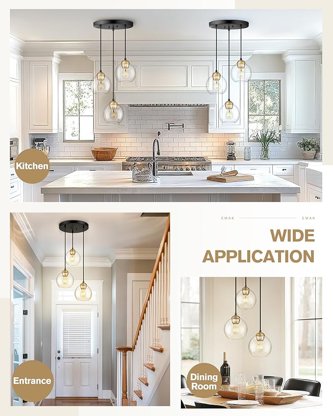 Emak Black and Gold Pendant Lights Kitchen Island, 3-Light Pendant Light with 7 Inch Globe Glass Shade, Modern Farmhouse Cluster Kitchen Island Lighting for Dining Room, Bathroom, PL119-BKBGD-CG-CL