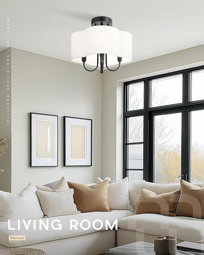 4-Light Semi Flush Mount Ceiling Light, 13.5" Vintage Light Fixtures Ceiling Mount with Fabric Shade in Quatrefoil for Kitchen Entryway Hallway Bedroom, Matte Black, SM179-MB
