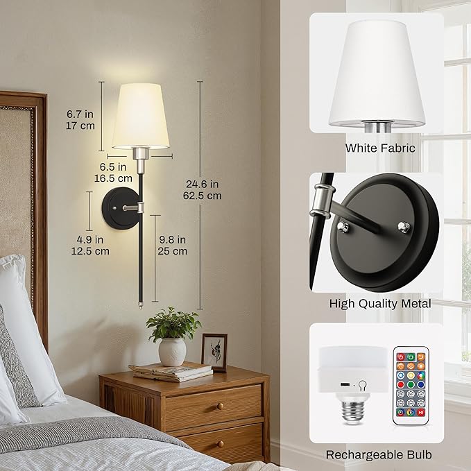DORESshop Battery Operated Wall Sconce Set of 2, Wireless Wall Light Easy to Install, 7 Color Rechargeable Wall Sconces, Sconce Wall Decor Set of 2 for Bedroom, Living Room, Black and Chrome, 24.6in