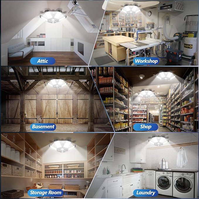 Garage Lighting 4 Pack - 200W 20000LM 6500K LED Garage Ceiling Lights with 6+1 Adjustable Panel Screw in E26/E27 Bulb Socket, Bright LED Shop Lights for Barn Workshop Warehouse Bay