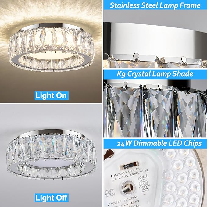 11 Inch Chrome Modern Luxury Crystal Flush Mount Ceiling Light Fixture,5CCT 3000K-6000K 24W,Round Small Dimmable Led Chandelier Hallway Lighting for Entryway,Kitchen,Bedroom,Laundry Room
