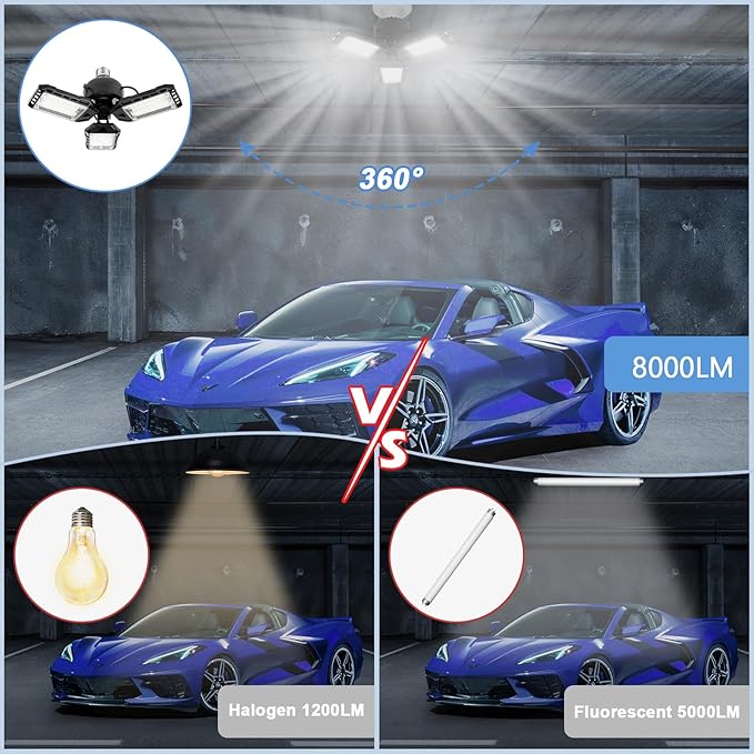 LED Garage Lights 1 Pack -80W, 8000LM 6500K Led Shop Light with 3 Deformable Panels, Basement Barn Light Garages Ceiling Lights, E26/E27 for Garage, Warehouse, Shop, Basement